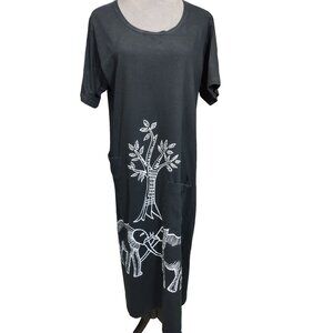 Tip Top Maxi Shirt Dress Elephant Safari Black Asymmetrical Pockets Womens Large